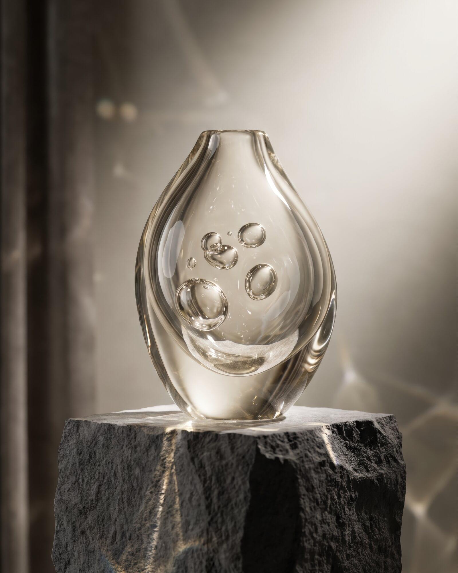 Held Breath: a clear cast form holding a few large trapped bubbles, standing on a rough block of basalt in a shaft of light.