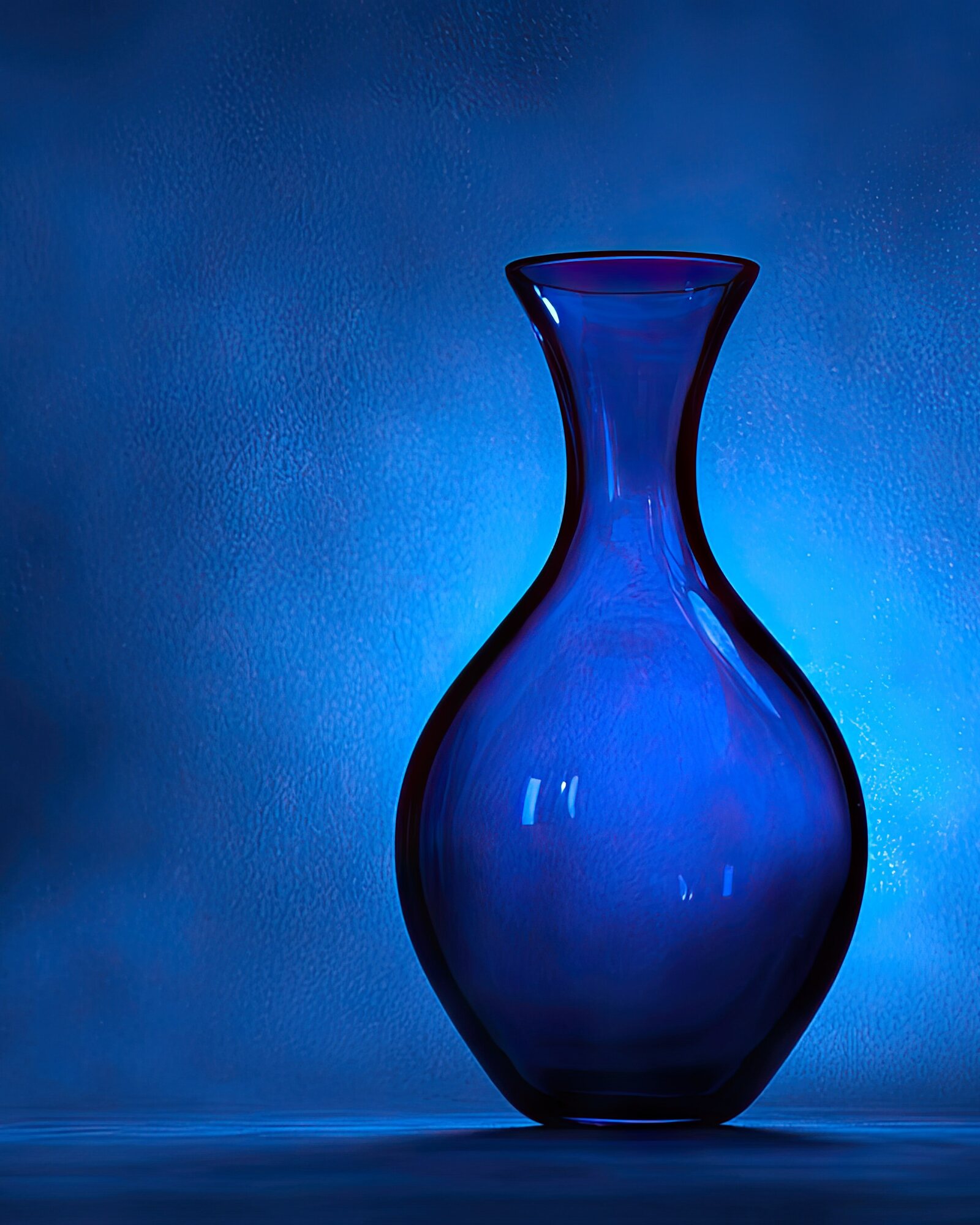 Deep Water: a blown vase of dense cobalt glass standing in blue haze, lit from behind so the colour fills its whole body.