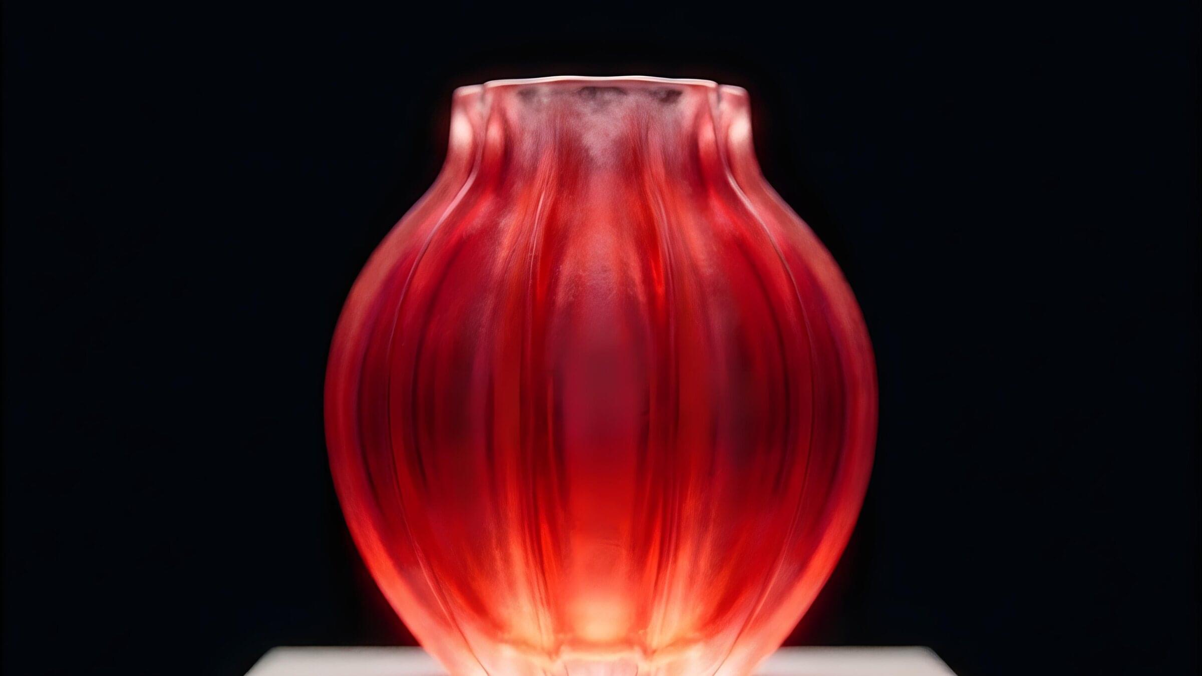 Struck: a round, deeply ribbed vessel of gold ruby glass glowing red on a lit white plinth in the dark.